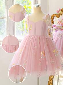 Tween Girls Spaghetti Strap Embroidered Floral Mesh Sweet Elegant Princess Dress, Flower Girl Dress Suitable For Party, Vacation, Outing, Evening Gala, Ball, Birthday Party, Fabric Floral Pattern Random Cut - Dusty Pink - View 7