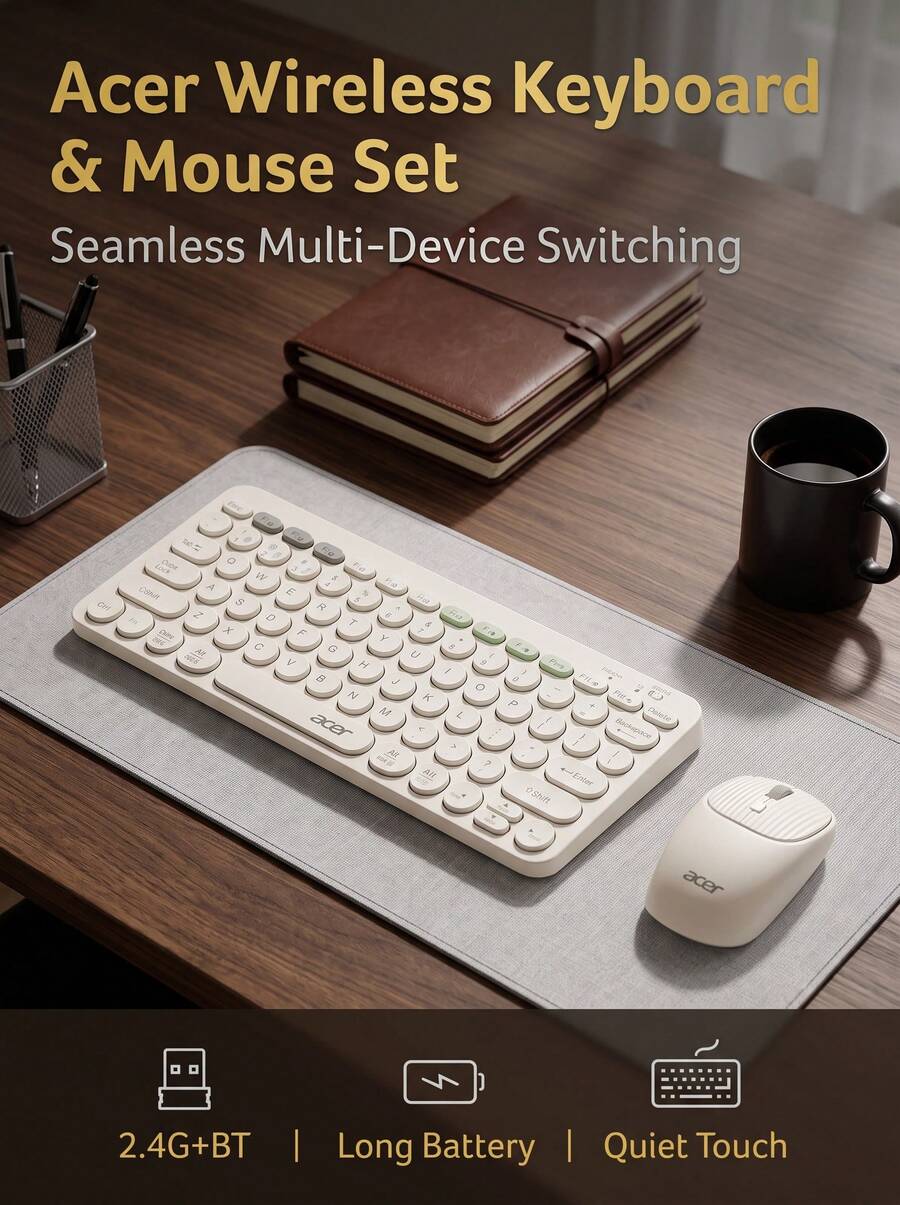 Acer Dual-Mode Wireless Charging Keyboard And Mouse Set, 2.4G Bluetooth Silent Round Keycaps, Portable Office Keyboard And Mouse, Compatible With Multiple Devices