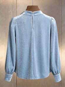 Women's Autumn/Winter Daily Commute Solid Color Velvet Material Small Stand Collar Pleated Design Long Sleeve Blouse - Baby Blue - View 2