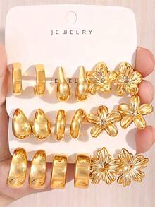 3/9 Pairs Gold Stud Earrings Fashion Elegant Floral Geometric Multi-Element Gold Metallic Earring Set, Women's Fashion Earring Set, Best Gift For Best Friends, Full Of Atmosphere (Lightweight CCB Material, Non-Fading) - Gold - View 1
