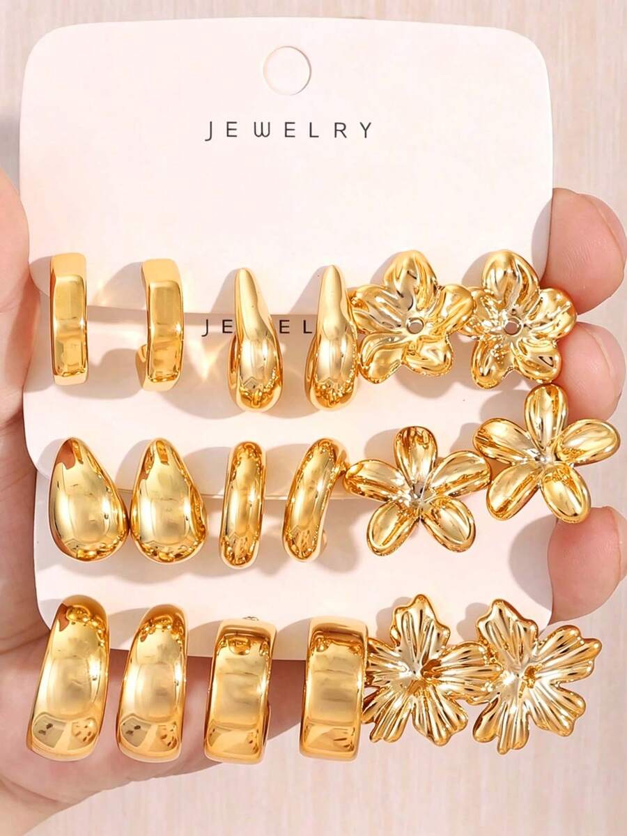 3/9 Pairs Gold Stud Earrings Fashion Elegant Floral Geometric Multi-Element Gold Metallic Earring Set, Women's Fashion Earring Set, Best Gift For Best Friends, Full Of Atmosphere (Lightweight CCB Material, Non-Fading) - Gold - View 1