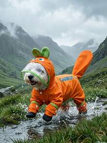 1pc Orange Printed Dog Raincoat, Cute Cartoon Style Waterproof Polyester Fiber With TPU Lining, Full Body Four-Paw Design, With Transparent Hood Brim, Leash Hole And Boot Shaft, Suitable For Small Dogs Like Teddy, Bichon Frise And Others For Rainy Days And All Seasons - Multicolor - View 6