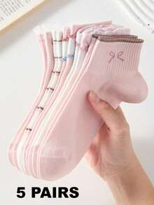 5 Pairs Pink Bow & Bubble Lace Women's Short Socks, Sweet & Comfortable, Suitable For All Seasons - Pink - View 7