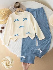 Tween Girls' Casual Fashion Bow Ribbon Round Neck Long Sleeve Top And Straight Leg Pants 2 Pieces Set, Spring/Autumn - Blue - View 2