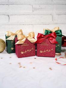 10Pcs Christmas Gift Boxes With Santa Sleigh And Starry Pattern, Elegant Holiday Favor Boxes With Satin Ribbon Bow, Red Green Black Gift Packaging For Christmas Party, Winter Celebration, Wedding Favors, Seasonal Decorations And Special Occasions - 7X5X7cm - View 4