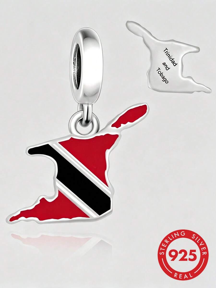 1pc 925 Sterling Silver Trinidad And Tobago Map Pendant, DIY Travel Bead Pendant Unisex Gift - Silver - View 1