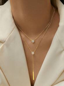 SYMFNY 1pc 925 Sterling Silver Minimalist Artificial Cubic Zirconia Geometric Round Shape Y-Layered Necklace Holiday - Style 6 - View 2