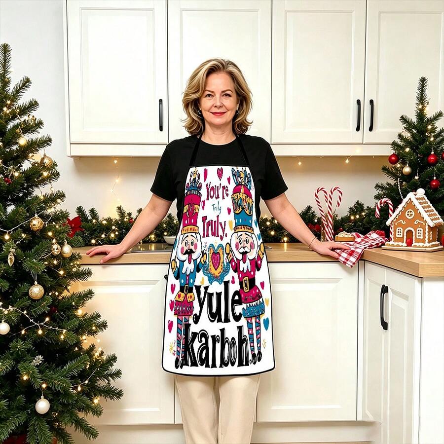 1pc Christmas Santa Claus, Christmas Bell, Christmas Snowflake, Christmas Reindeer, Christmas Tree, Christmas Snowman, Christmas Penguin, Christmas Cartoon Animal Pattern Chef Apron, Apron, Suitable For Home Decor And Kitchen Use. Made Of 100% Polyester Material, Designed As Sleeveless Style, Perfect For Home Kitchen, Outdoor BBQ Cooking. This Printed Apron Is Unisex, Machine Washable And Reusable, An Essential Kitchen Accessory - Multicolor - View 1