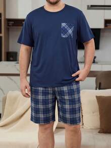 大尺碼男士2件組睡衣套裝，休閒短袖上衣與短褲居家服，格紋拼接口袋設計 - 彩色 - 查看 1
