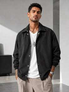 1pc Men's Black Lapel Jacket, Smooth Woven Fabric, Dirt-Resistant And Wrinkle-Resistant, Loose Drop Shoulder Fit, Solid Color Minimalist Casual Style, Suitable For Campus, Commute, Street, Couple Daily Wear - Black - View 2