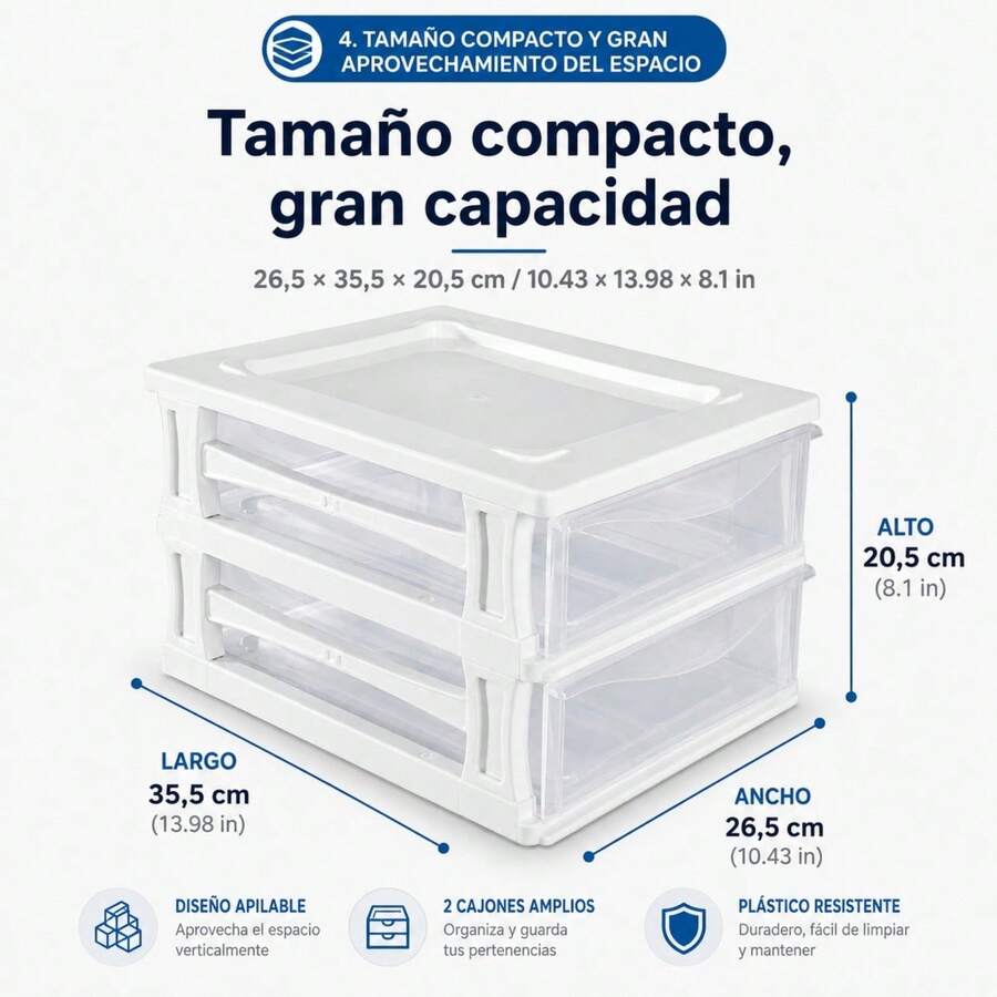 Desktop Organizer With 2 Transparent Drawers, Stackable PP Plastic Storage Unit For Cosmetics And Stationery, Modular Design, 35.5 X 26.5 X 20.5 Cm - 白色 - 查看 1