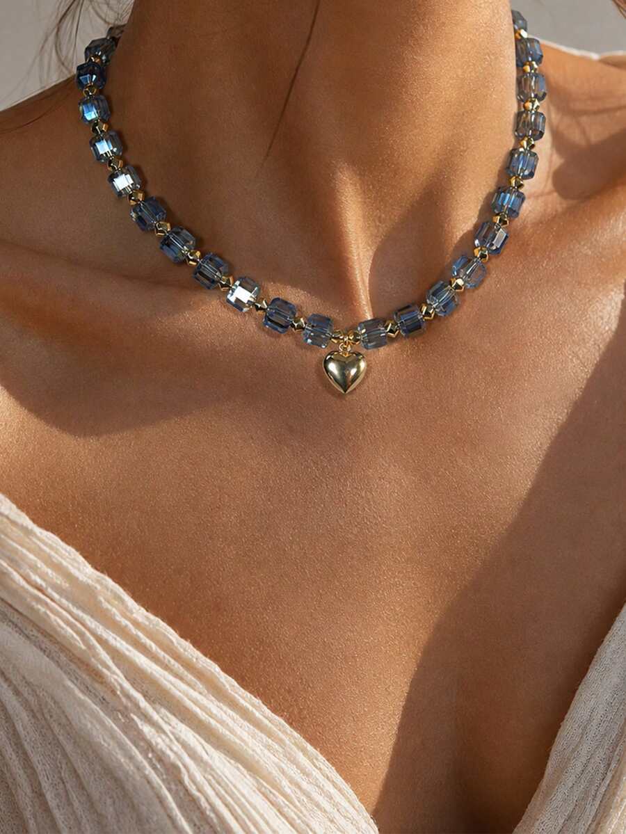 Hegaze 1pc Vintage Blue Sugar Cube Crystal Necklace For Women, Atmospheric Gold Heart Pendant Collarbone Chain - Transparent Blue - View 1