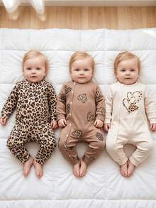 Lurzo 3 Styles Minimalist Cute Leopard Print Heart Pattern Round Neck Long Sleeve Romper, With Seams At Legs And Ankles, Suitable For Baby Girls Spring And Autumn Wear, Front Snap Design For Easy On And Off, Multiple Styles Available, Perfect As A Gift For Baby. - Multicolor - View 1