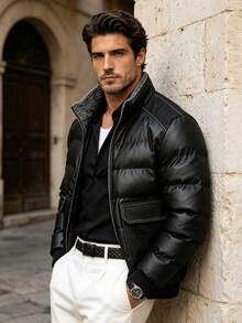 Men's Winter Long Sleeve Padded Coat, Suitable For Daily Commute, Vacation, Gift Giving - Black - View 3