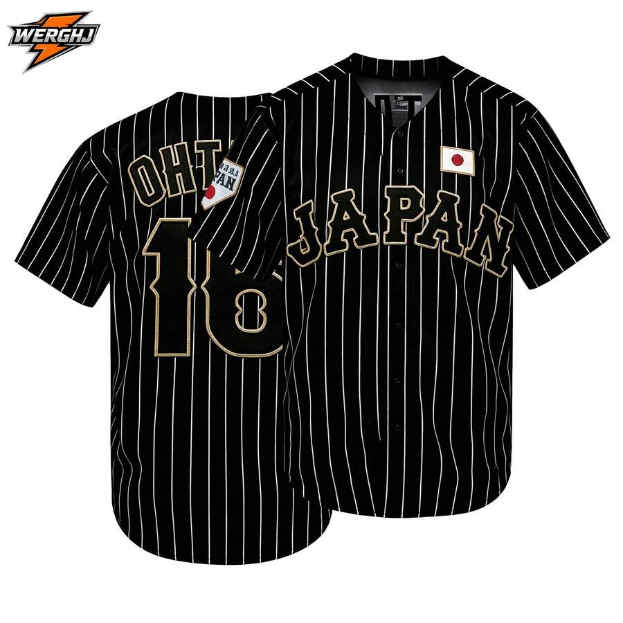 #16 日本武士隊黑色條紋棒球球衣，世界棒球經典賽球迷禮物