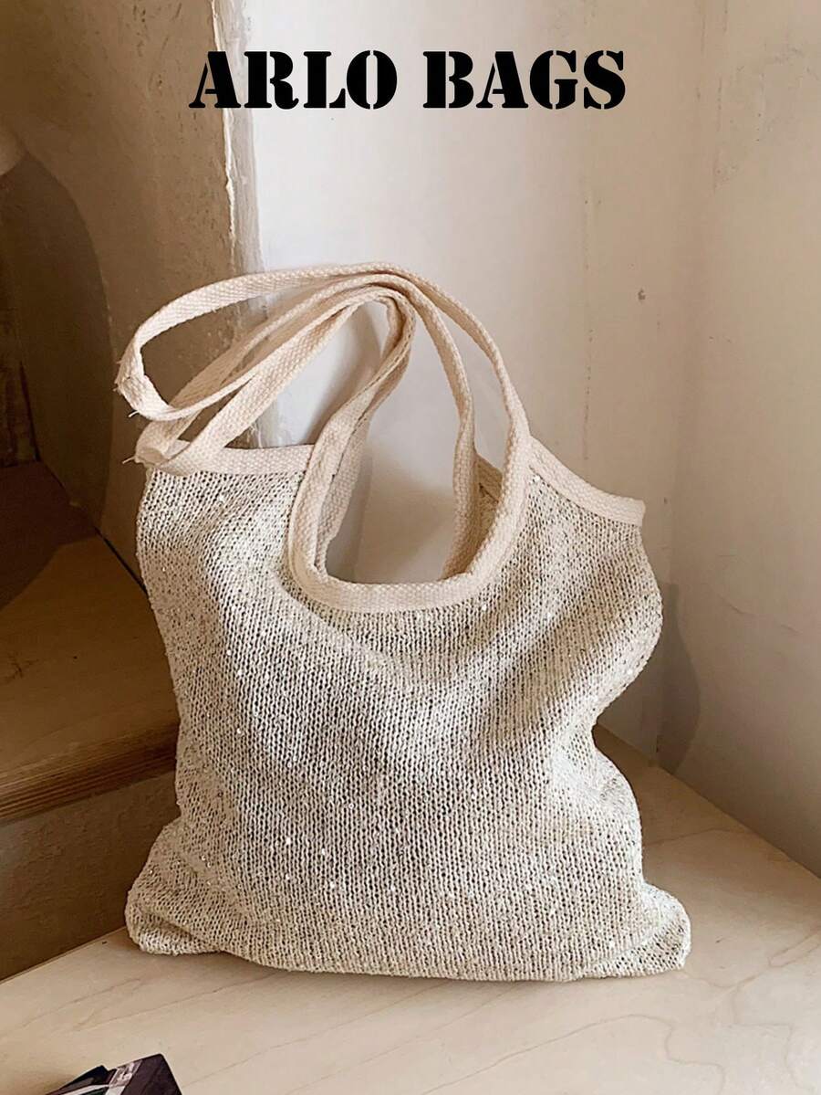 Shiny Sequin Embellished Transparent Mesh Wrap Large Capacity Open-Top Lightweight Soft Versatile Ins French Chic Shoulder Bag For Work Shopping And Dating