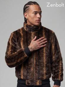 Zenbolt Men Soft Plush Long Sleeve Outer Jacket, Elastic Ribbed Trim Zip Up Stand Collar Coat,Textured Stripe Daily Fashion Overcoat - Brown - View 2