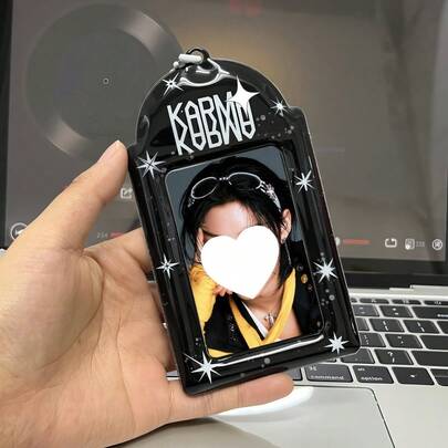 1pc Black Splatter Star Card Holder, Minimalist Splatter Star Photo Card Holder, Idol Photo Card Display, Idol Concert Support Item, K-Pop Album Photocard Storage, IDOLME, PU Material, Suitable For 3-3.5 Inch Mini Photo Cards, Photo Cards, Korean Entertainment Album Photocard Storage And Protection, Bag Decoration, Bag Charm, Etc.