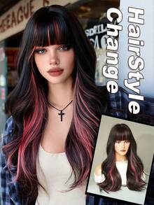 AKAKO Peruca Longa Ondulada de 20 Polegadas com Mechas Rosas e Franja, Fibra Sintética Resistente ao Calor, Acessório de Moda para Fantasia de Halloween, Uso Diário, Cosplay e Festa de Festival de Música - Multicolorido - Visão 3