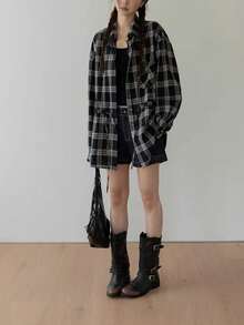 女款黑色格紋長袖襯衫，翻領前開鈕扣聚酯纖維上衣，秋季頹廢風，標準長度 - 黑色 - 查看 3