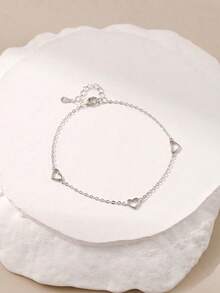 SYMFNY 1pc 925 Sterling Silver Minimalist Hollow Heart Double Layer Bracelet - Silver - View 3