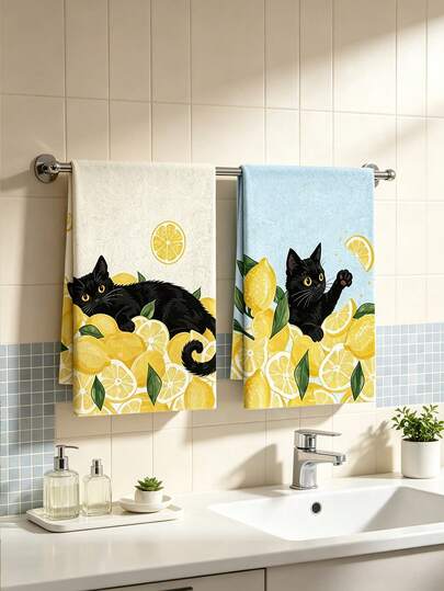 2/4/48pcs, Kitchen Dish Cloths, Black Cat & Lemon Pattern Kitchen Dish Cloths, Fresh Home Kitchen Cleaning Wiping Cloths, Summer Vibe Kitchen Essentials, Daily Vegetable & Fruit Wiping Cloths, Multi-Purpose, High Absorbency Kitchen Towels