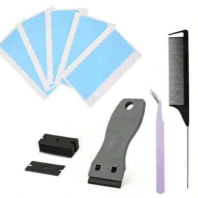Hair Extension Tool Set, Double Sided Hair Tape, Scraper Remover, Tweezers Rat Tail Comb For Tape Hair Extensions Install & Removal, Halloween