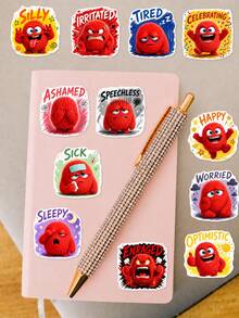 50Pcs What Mood Monster Today PP Stickers, Plush‑Textured Red Little Monster Illustrations With Various Mood English Words, For Journal Collage, Notebook, Storage Box, Luggage, Skateboard, Helmet, Computer DIY Decor - Multicolor - View 7