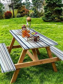 3 Pieces Picnic Tablecloth Set With Bench Cover, Elastic Edge Design, Striped Pattern, Washable Rectangular Tablecloth, Suitable For Weddings, Camping, Picnics, Garden Parties And More, Practical Essential - C - View 2