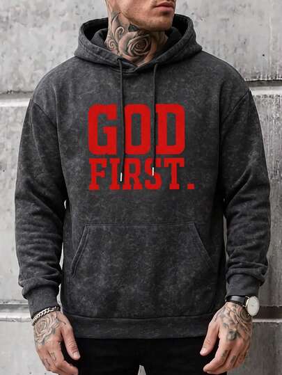 Men's English Print Washed Distressed Hoodie