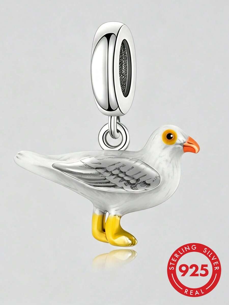1pc S925 Sterling Silver Colorful Resin Seagull Pendant, Beach Bird Dual-Tone Color-Block DIY Bracelet Charm With Perforated Silver Bead - Silver - View 1