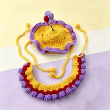 Handmade Woven Pet Hat & Bib Set, Adjustable Tie, Sun Hat + Drool Bib, Cat Photo Prop, Daily Styling Accessory For Small And Medium Dogs And Cats - Multicolor - View 12