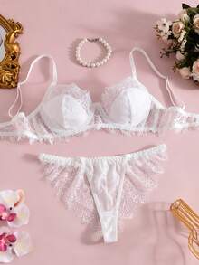 4pcs Women's Sexy Lingerie Set White Lace Mesh Sheer Underwire Bra, Waist Belt With Leg Rings, Panties, For Valentine's Day Home Bedroom Couple Play - 白色 - 查看 6