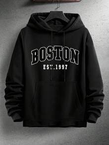 American BOSTON Letter Print Thermal Lined Hoodie, Men's Vintage Collegiate Style Pullover Sweatshirt - Black - View 3