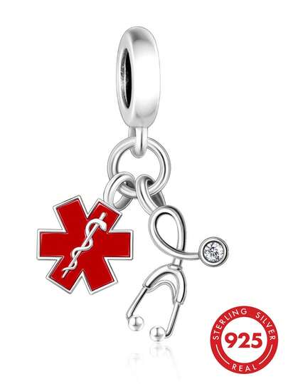 1 pieza Colgante de plata de ley S925 con tema médico, Estrella de la Vida de resina roja con estetoscopio y elemento médico de circonita cúbica blanca, dije de cuenta de plata perforada para pulsera DIY