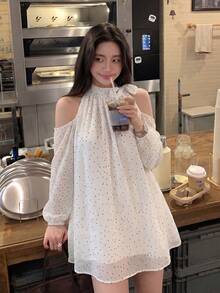 Women's Bowknot Polka Dot Halter Neck Blouse, Early Spring French Gentle Style, Design-Driven Niche Long Sleeve Top White - White - View 5