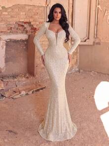 Haute Glamour Pearl Embellished Heart Neckline Mermaid Hem Beaded Formal Evening Gown - Champagne - View 5