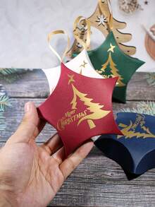 10pcs Christmas Star Shaped Gift Box With Gold Tree Print And Hanging Ribbon, Mini Holiday Packaging Box, Easy To Assemble For Christmas Tree Decorations, Party Favors, Gift Exchange, Winter Celebrations & New Year - 7.5X3.5X10.5cm - View 10