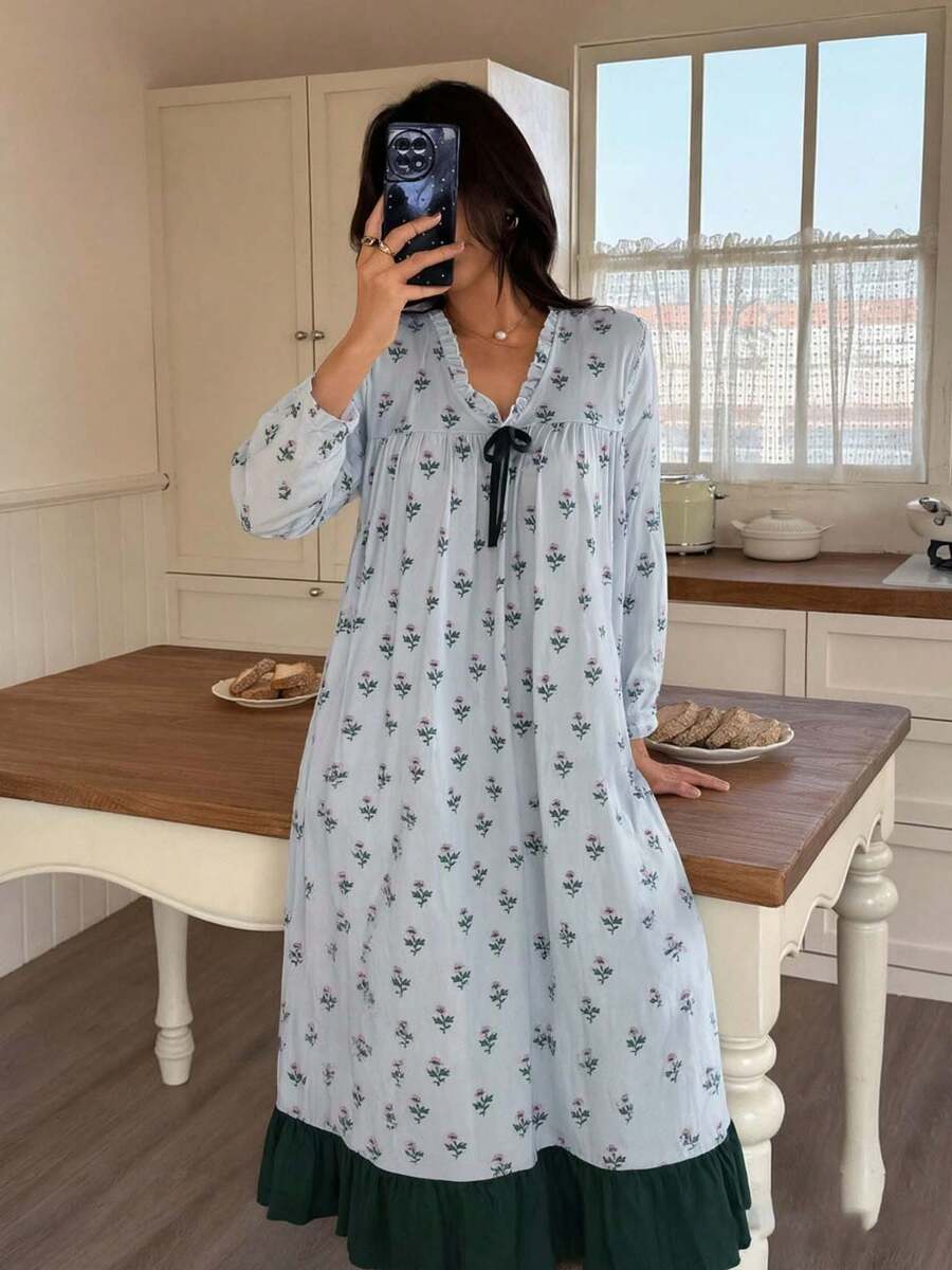 Fresh Floral V-Neck Frill Trim Long Sleeve Nightgown For Women, Contrast Bow Loose Mid-Length Loungewear - Green - View 1