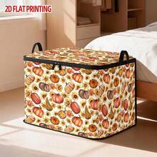 1PC Autumn Pumpkin Maple Leaf Print Storage Bin, Foldable Oxford Fabric Zipper Organizer With Double Handles, Large Capacity Clothes Sundries Storage Box, Fall Thanksgiving Home Storage Container - Multicolor - View 11