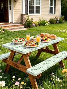 3 PiecesPicnic Tablecloth Set With Bench Cover, Elastic Edge Design, Floral Line Pattern, Washable Rectangular Tablecloth, Suitable For Wedding, Camping, Picnic, Garden Party And More, Practical Essential - F - View 5