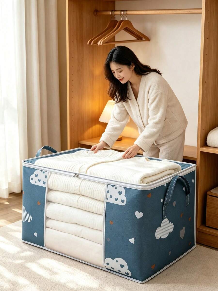 1件灰色波希米亞風編織收納袋,附透明視窗,防水防潮可折疊,適用於床上用品與衣物,適合宿舍、衣櫥、夏季旅行、聖誕節與萬聖節,完美用於儲藏室與居家收納 - 藍色 - 查看 1