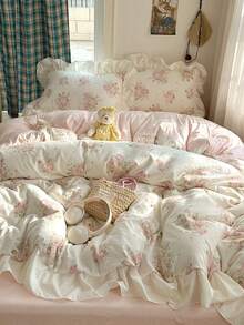 Pink Ruffle French Country Style 4-Piece Bedding Set, Romantic French Country Bedding Set, Breathable Soft All-Season Bedding Set Including 1 Duvet Cover, 1 Bed Sheet, And Pillowcases, No Filling, Suitable For Bedroom, Dorm, Home Use, Multiple Size Options, Back To School Dorm Decor, College Decor - Pink - View 7