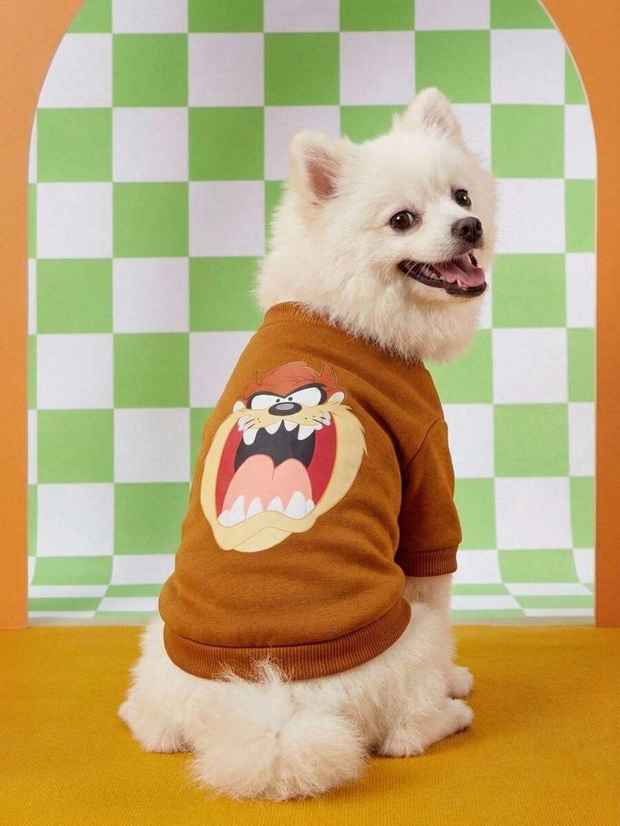 LOONEY TUNES X PETSIN 1件棕色惡魔臉印花寵物服(無帽子),厚實保暖秋冬款,柔軟舒適,適合貓咪/小型犬,日常穿著可愛散步 - 彩色 - 查看 1