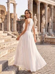 YUMIBRAVO Elegant Bridal Destination Wedding Gown, Chiffon Floor-Length White Dress, Suitable For Wedding Ceremony, Bridal Party, Beach Wedding - White - View 4