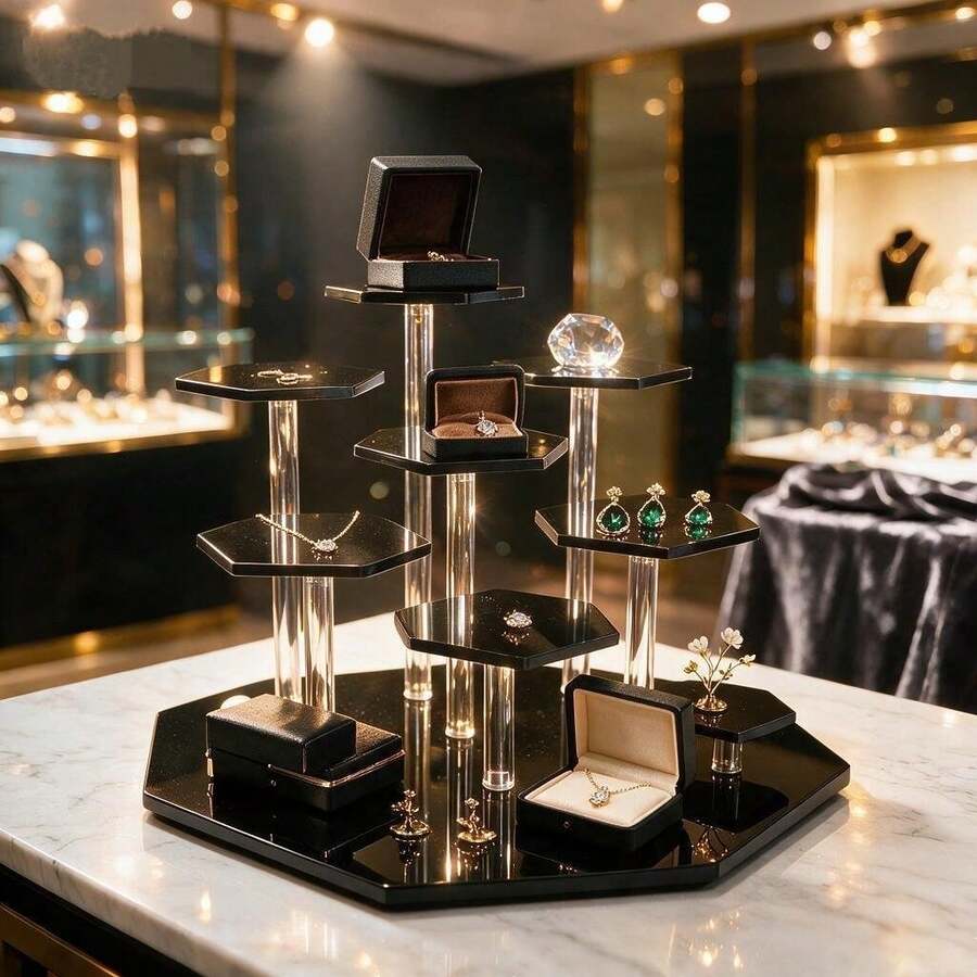 六角形分層壓克力展示架 多層桌面收納架 適用珠寶、香水瓶、彩妝,美感檯面與居家裝飾增高置物架 - 查看 1
