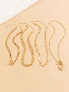 4pcs/Set Fashion Beaded Classic Heart Pendant Necklace, Geometric OT Clasp Collarbone Chain. Multi-Layer Stackable Gold Jewelry, Passionate Romantic Women Necklace Set. Suitable For Daily Wear And Date Photography. Necklace Length Can Be Trimmed As Needed, Adjustable Strand Count. - Heart Stacking Necklace - View 3