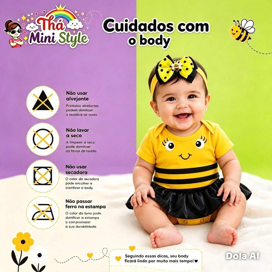 Body Bebe tema merversario mel abelha amarelo com preto bolinhas Tema animal Abelinha - Somente Body - Visão 1