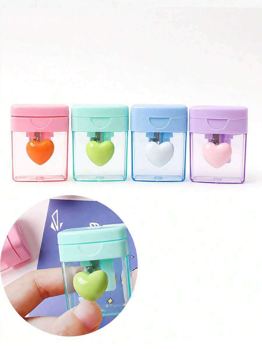 4pcs/Set Single Hole Rotating Handheld Pencil Sharpener, Macaron Color Cute Heart-Shaped Cartoon Design, Transparent With Lid, Portable Pocket Pencil Sharpener, Suitable For Children And Students. Ideal For Classroom Rewards, Student Gifts, Party Favors And Small Souvenirs. Fashionable Creative Stationery, Suitable For Daily School Use (Randomly Shipped) - Multicolor - View 1