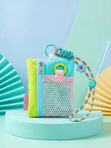 1pc Colorblock Mesh Mini Storage Bag With Adjustable Braided Lanyard, Portable Zipper Card Holder, Lightweight Polyester Key Pouch, Cute Floral Snap Wristlet, Women's Daily Travel Accessory Organizer, Suitable As A Gift - Multicolor - View 12